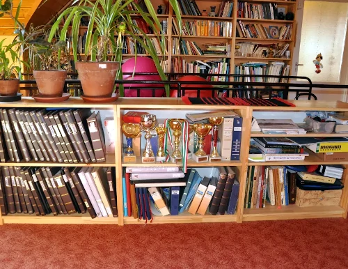 A képen egy fából készült könyvekkel és kupákkal/érmekkel telepakolt polcsor látszik.